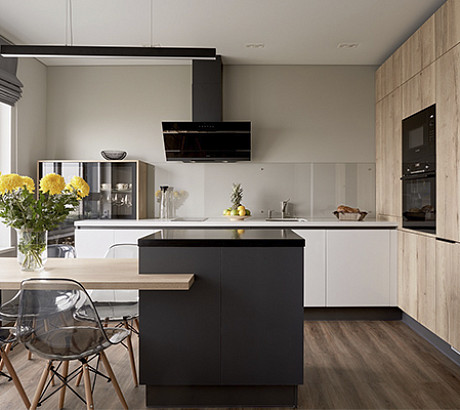 Необычная кухня в скандинавском стиле с островом