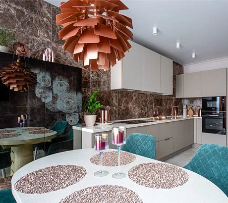 Г-образная кухня с бархатистыми фасадами